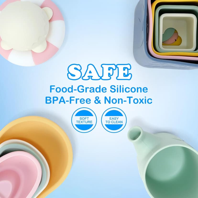 MCGMITT Baby Bath Toys for Kids Ages 1-3, 12 PCS Silicone Mold Free Bathtub Toys for 6-12 Months, Soft Stacking Cups & No Hole Duck & Floating Boats, Beach Sand Water Table Pool Toys for Toddlers