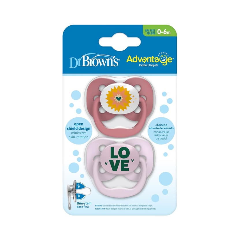 Dr. Brown's Advantage Baby Pacifier, Fully Symmetrical Soother with Soft Silicone Bulb, Lavender Love, 0-6m, BPA Free, 2 Pack