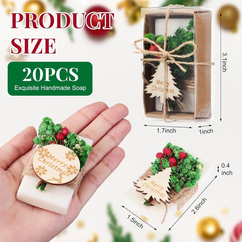 20 Pack Christmas Handmade Soap Favor with Wooden Christmas Tag, 4 Scents, Soap Gift for Wedding Favors, Party Decorations, Thanksgiving Gifts, Bridal Shower