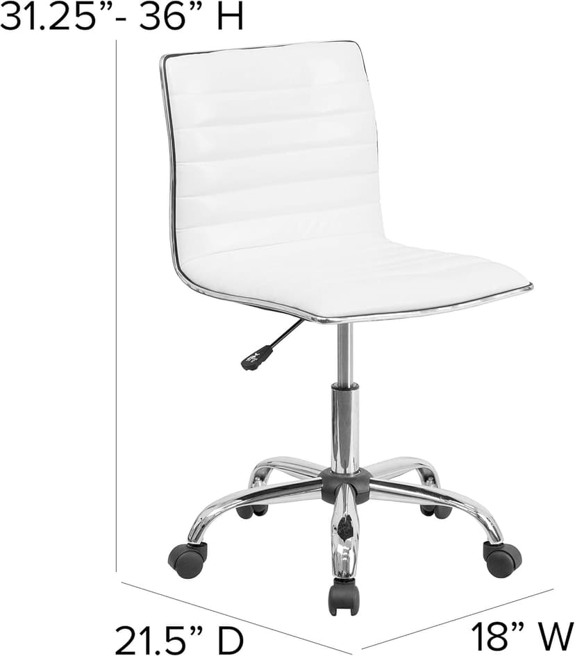 Flash Furniture Alan Low-Back Ribbed Upholstered Vinyl Swivel Desk Chair with Padded Seat, Modern Adjustable Height Padded Office Chair, White
