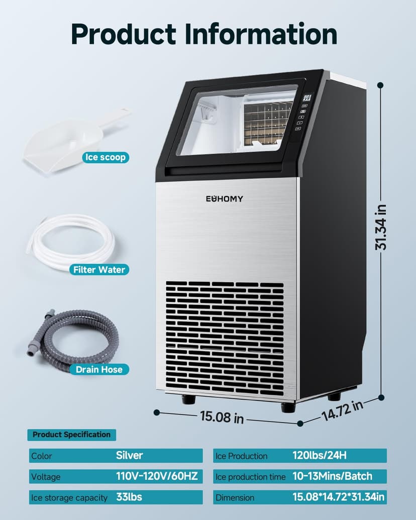 EUHOMY Commercial Ice Maker Machine,120lbs/24H Stainless Steel Under Counter Ice Machine with 33lbs Storage Bin, Freestanding Ice Maker for Home/Bar/Cafe/Restaurant