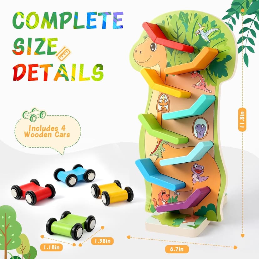 4 Mini Cars, 8 Level Race Track Car Truck, Car Toys for Toddlers 1-3, One 1st Birthday Gift Montessori Toys for 1 2 3 Year Old Boy, Dinosaur Wooden Car Ramp Race Track B0H7H5XWV5
