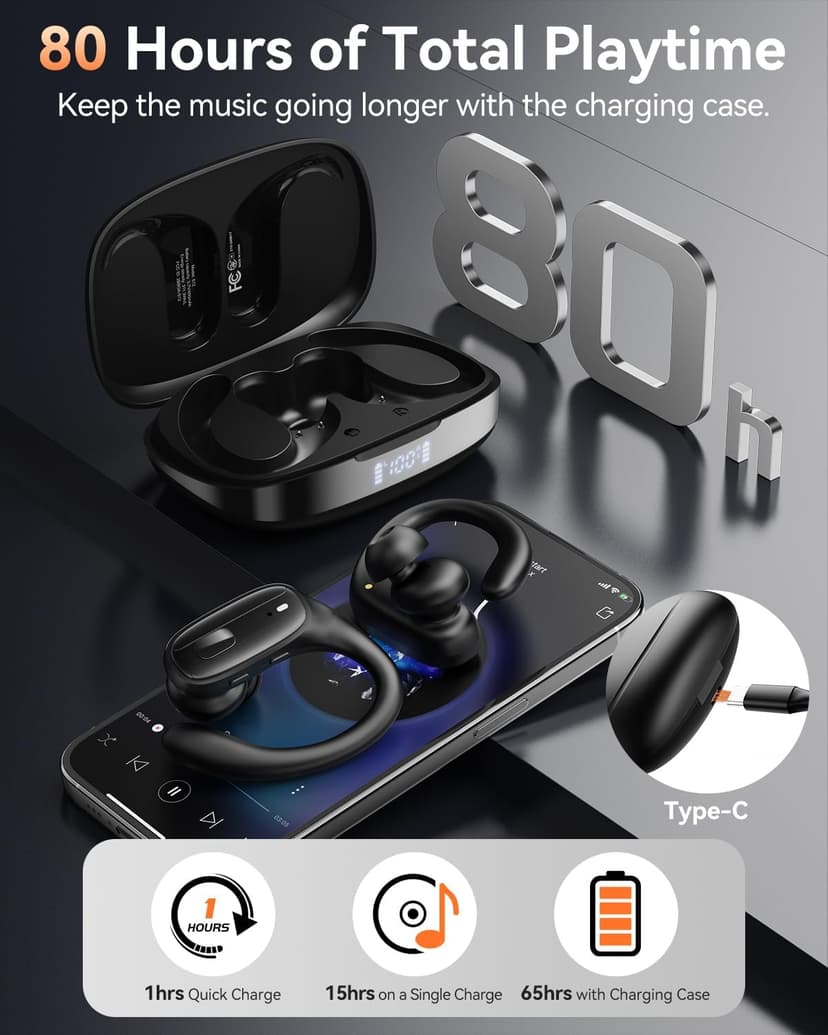 LEEMC Wireless Earbuds, Bluetooth Headphones 5.4, Ear Buds with Hooks for Sports, 80Hr Playtime Earphones, LED Display, IPX7 Waterproof Headset for Workout Running, Black