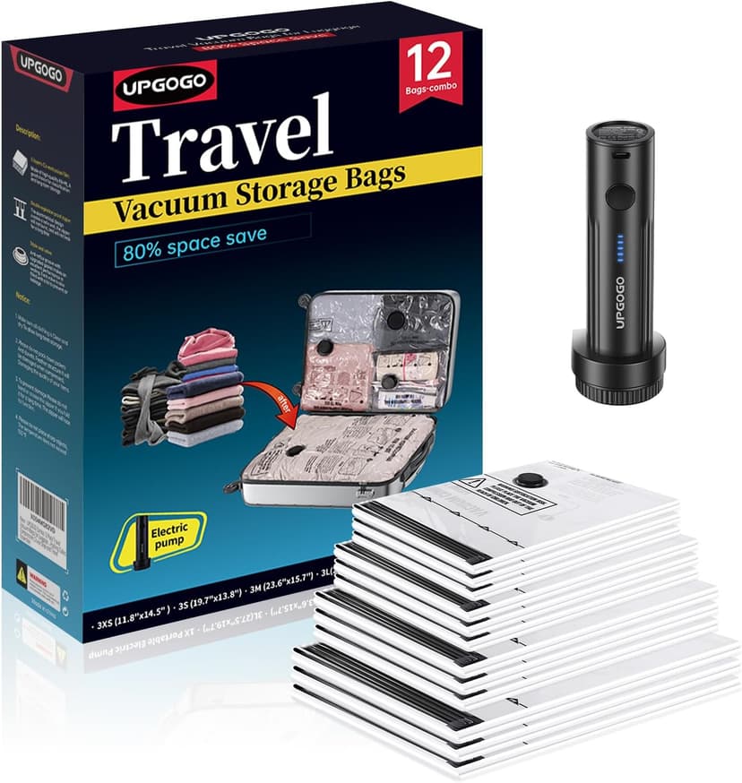 Combo 12 Pack Travel Vacuum Bags for Luggage with Portable Electric Pump,Vacuum Seal Bags for Clothing,Packing Cubes Compression,Cruise Ship and Travel Essentials