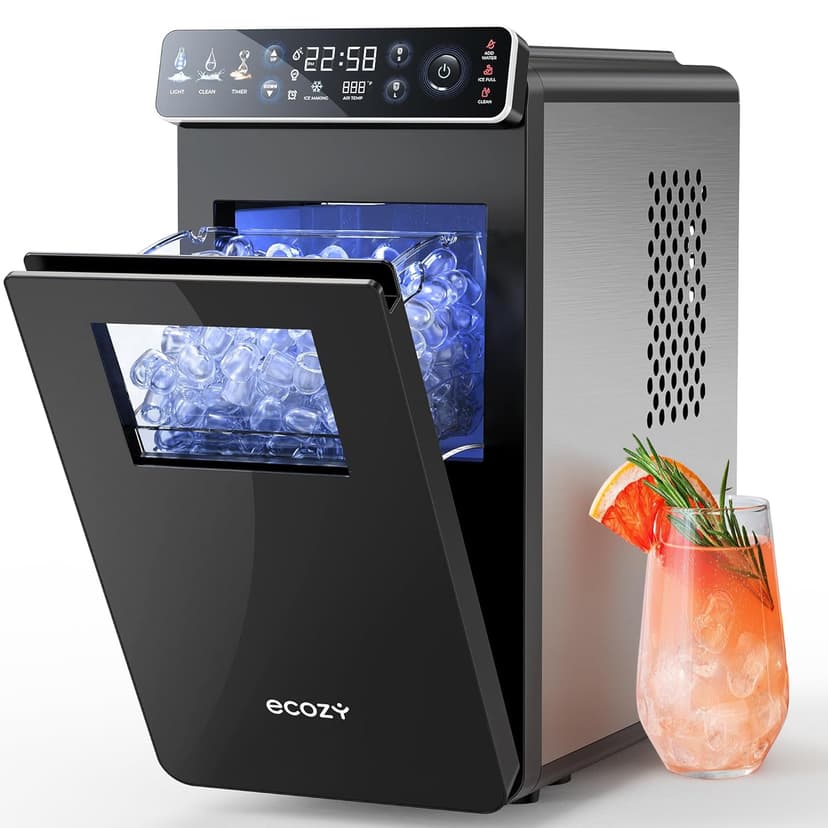 ecozy Ice Makers Countertop, Ultra Slim Design with Full-Color Panel, Internal Lights, 26 lbs/24H, Timer Ice Making, Two Ice Sizes, Portable Self-Cleaning Ice Machine for Home/Kitchen/RV