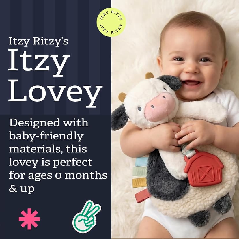 Baby Lovey With Soft Sherpa, Plush Minky, Silicone Teether, Crinkle Sounds, Textured Ribbons, and Interactive Dangle Arms Itzy Ritzy Lovey Including Teether, Teething Relief, 0 Months & Up (Cow) B0CQRVXT68