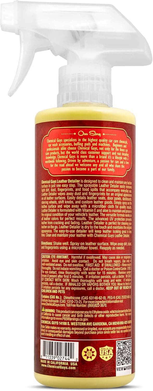 Chemical Guys Leather Quick Detailer - Interior Cleaner and Conditioner for Natural, Synthetic, Pleather, and More, Safe for Car Seats, Furniture, Apparel, Shoes & Boots, Leather Scented - 16 fl oz