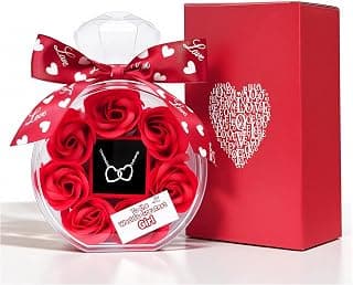 Anniversary Cute Women Artificial Soap Rose Flowers with Double Heart Necklace Present Gifts for Girlfriend Valentines Day Birthday Gift B0GW7XRWSC