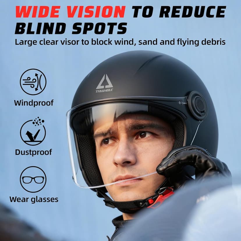TRIANGLE Open Face Motorcycle Helmet Retro 3/4 Helmets with Clear Visor for Men Women DOT Approved