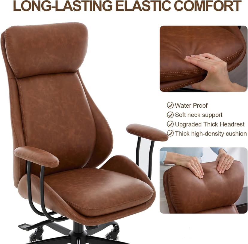 E-Motie Office Chair, Leather Desk Chair with Rubber Wheels, Ergonomic Computer Chair 500 LBS with Lumbar Support, High Back Executive Chair for Modern Home Office, Brown