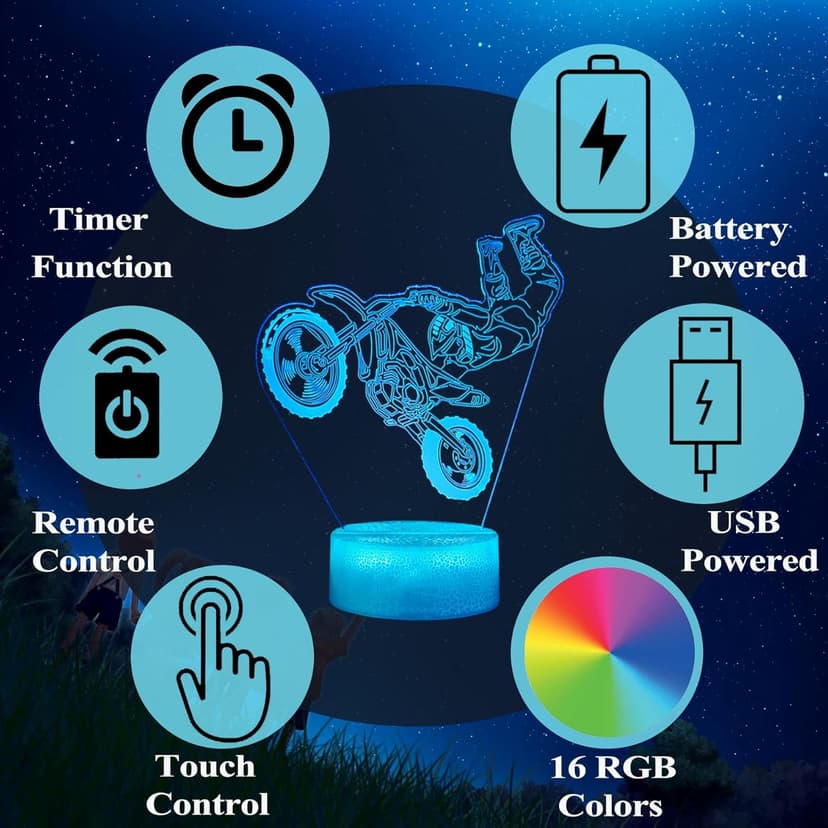 Dirt Bike Night Light, Dirt Bike Gifts for Boy, 3D Illusion Lamp with Remote Control, 16 Colors Changing, RGB Flashing Mode and Dimmable, Gifts for Boys Christmas Decor
