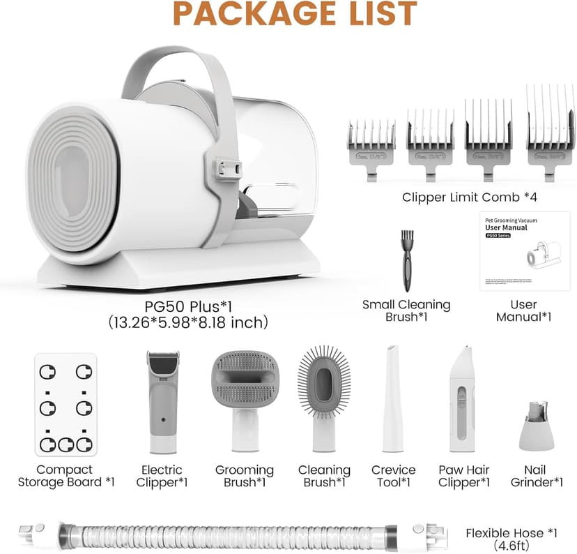 Dog Grooming Vacuum and Kit, Clipper Nail Trimmer Grinder, 2.5L Dust Cup 7 Grooming Tools 11000Pa Pet Vacuum for Shedding Grooming, Dog Hair Vacuum, Home Cleaning, PG50 Plus