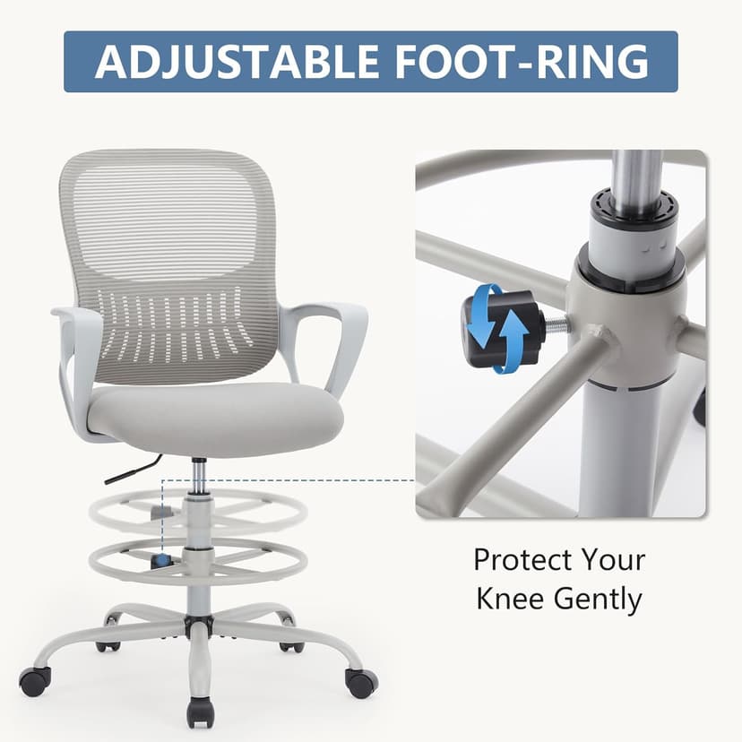 DUMOS Drafting Chair - Ergonomic Tall Office for Standing Desk, Counter with Height Adjustable and Comfortable Lumbar Support, Fixed Armrests, Grey