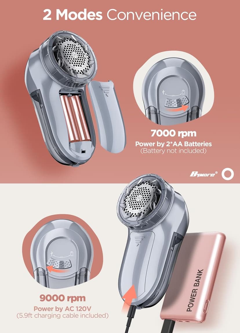Bymore Fabric Shaver Lint Shaver for Clothes, Dual Power Lint Remover with Battery or Corded Use, Portable Sweater Shaver for Clothing, Furniture & Travel