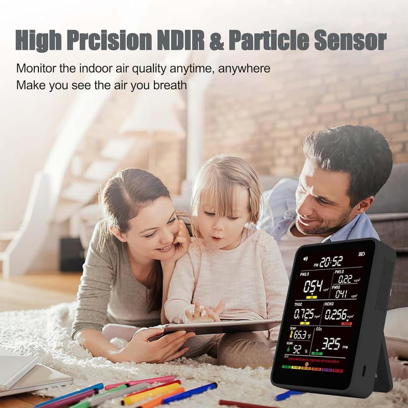 Professional Indoor Air Quality Monitor with AQI Alerts, Portable Real-Time Detector for Home, Car, Plants & Pet (Black)