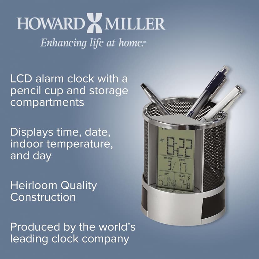 Howard Miller Desk Mate Tabletop Clock with Storage Compartment, LCD Display, Pen Holder, Snooze Function, Temperature Display, LED Light Table Clock for Home Office, Desk & Bedroom Use