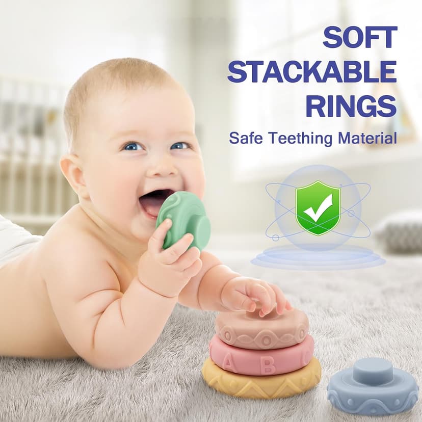 Jyusmile Baby Toys 6-12 Months, Montessori Toy for Babies 6-12 Months, Incl Stacking Building Blocks & Soft Infant Teething Toys & Sensory Balls for Toddlers 0-3-6-9-12 Month B0B2P5GK1Y