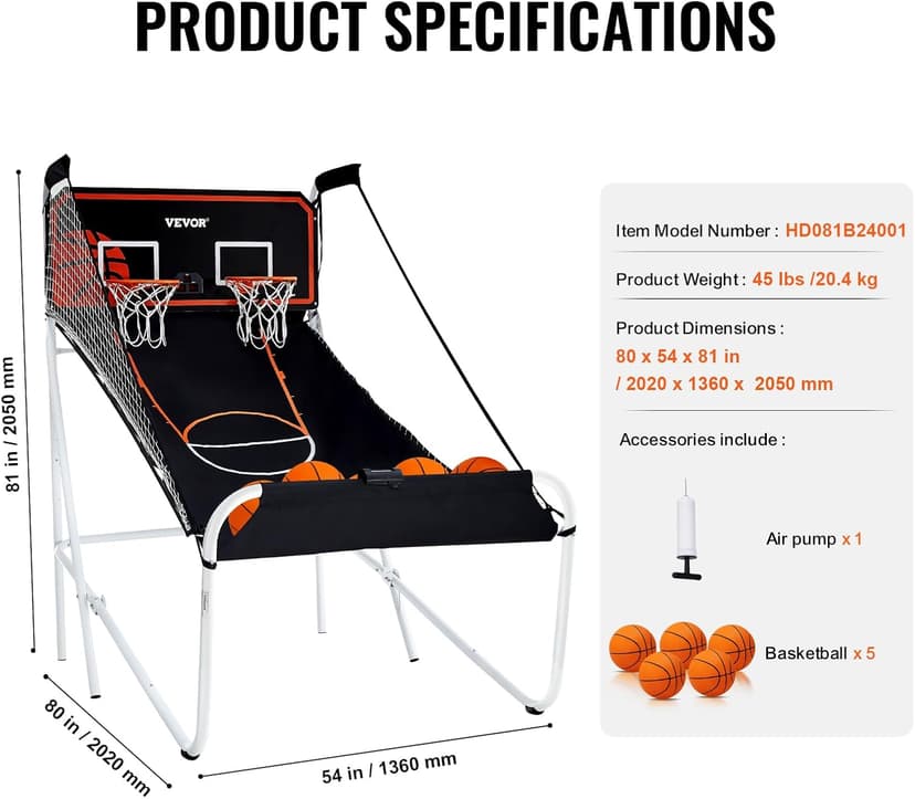 VEVOR Foldable Basketball Arcade Game, 2 Player Indoor Basketball Game, Home Dual Sport with 5 Balls, 8 Game Modes, Electronic Scoreboard, and Inflation Pump,Adults
