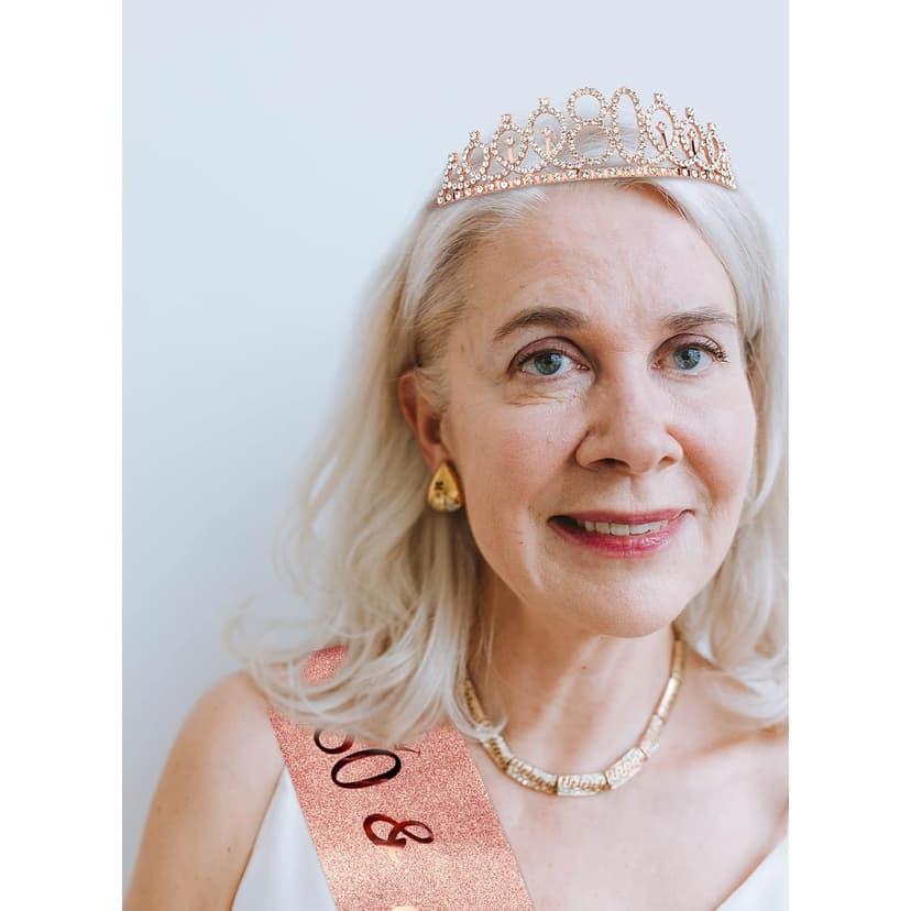 CIEHER 80th Birthday Crown + Sash + Pearl Pin Set, Elegant Gift for Women's 80th Birthday Party Decorations