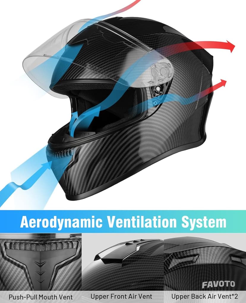 Favoto Full Face Motorcycle Helmet DOT Approved, Cascos para Motos Snowmobile Dirt Bike Helmet for Adults Men Women, Anti-Fog Film Included, Carbon Fiber, L