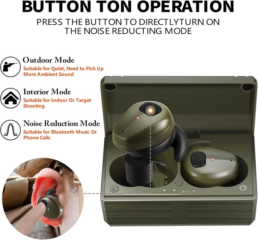 YHKEMA Electronic Shooting Earbuds - Ear Hearing Protection NRR 28dB Bluetooth 5.3 Noise Cancelling & Sound Amplification - Rechargeable Case for Hunting and Range(Green)
