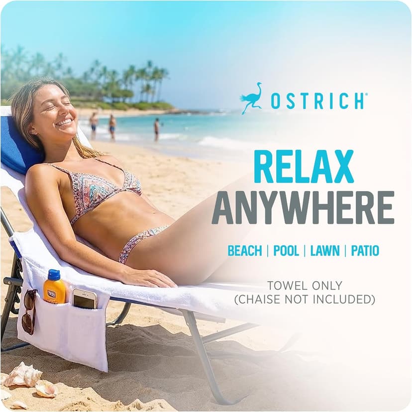 Ostrich The Original Chaise Lounge Portable Reclining Beach Chair, Blue Stripe - Bundled with Custom Fitted Towel Cover, White
