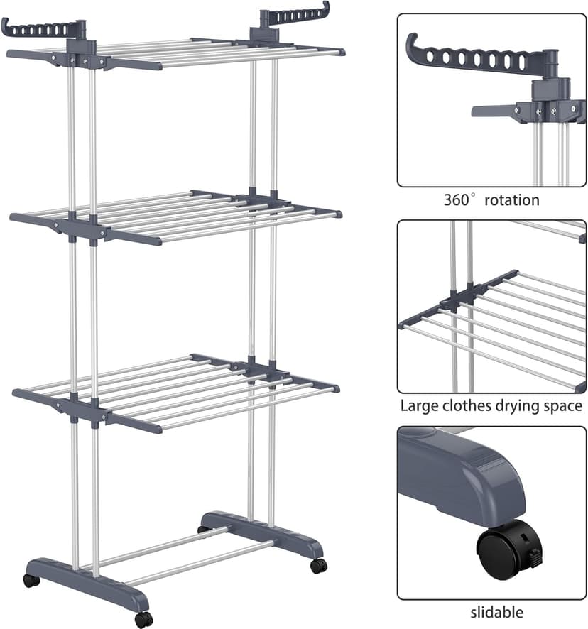 HOMIDEC Clothes Drying Rack, Oversized 4-Tier(67.7" High) Foldable Stainless Steel Drying Rack Clothing, Movable Drying Rack with 4 castors, 24 Drying Poles and 14 Hooks for Bed Linen, Clothing, Grey