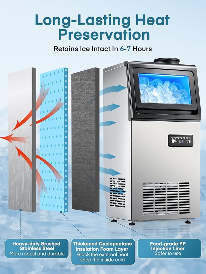 Commercial Ice Maker Machine, 100LBS/24H Freestanding & Undercounter Ice Machine with 2 Water Inlets, 40 PCS/Cycle and 24LBS Storage Bin, Stainless Steel, LED Display & Self-Cleaning for Home Bar