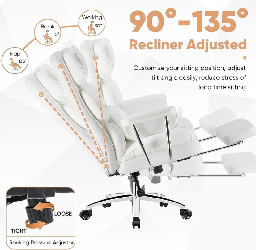 Sweetcrispy Executive Home Office Desk Chair - Ergonomic Big Tall High Back with Footrest & Lumbar Support, Reclining Height Adjustable, Comfy PU Leather Computer Gaming with Swivel Wheels, White