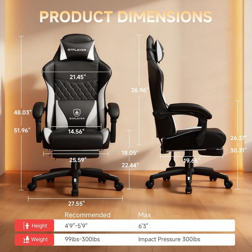 GTPLAYER Gaming Chair, High Back Leather Computer Gaming Chair with Footrest, Ergonomic Height Adjustable Office Chair with Removable Cover and Lumbar Support for Gaming and Work (WT)