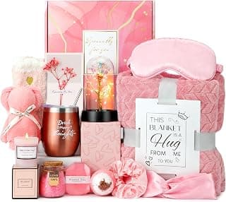 with Luxury Flannel Blanket, Light-up Rose Flower - Unique Self Care Gift Basket for Mom, Wife, Friends Birthday and Get Well Gifts for Women - Relaxing Spa Care Package B0DCN225F9