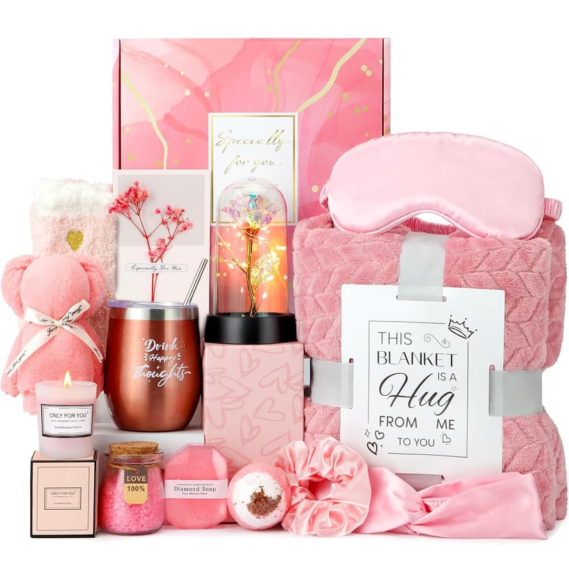 with Luxury Flannel Blanket, Light-up Rose Flower - Unique Self Care Gift Basket for Mom, Wife, Friends Birthday and Get Well Gifts for Women - Relaxing Spa Care Package B0DCN225F9