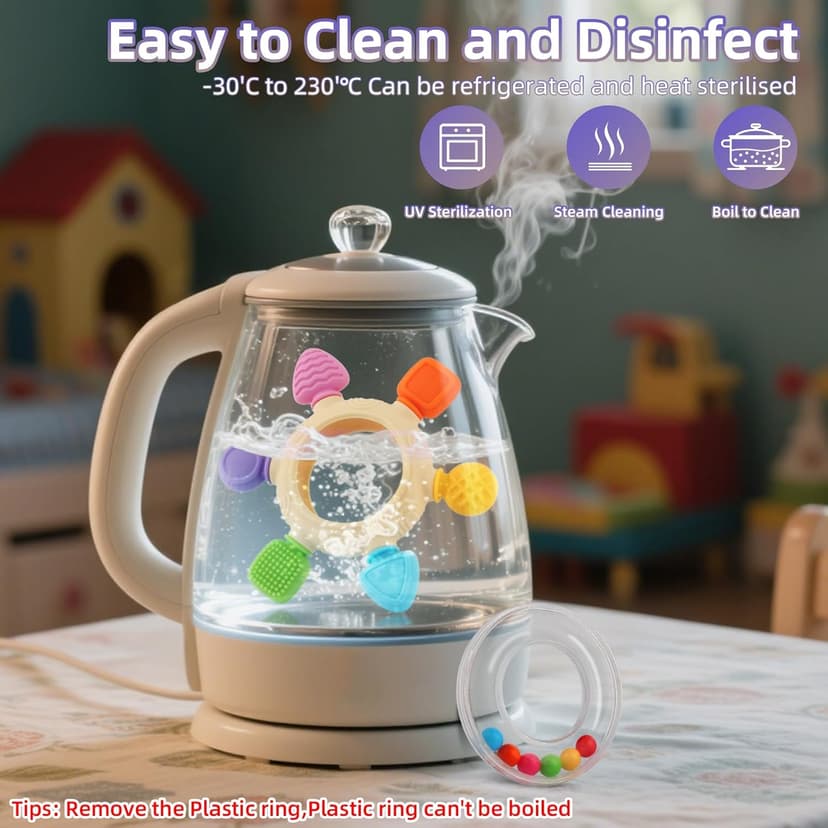 VTECHOLOGY Baby Teething Rings Toys for 0-6 6-12 Months Baby Rattle Teether Sensory Toys for Babies 0-24Months Silicone Teether Relief Chew Soothing Sore Gums for Newborn Infant Essentials BPA Free