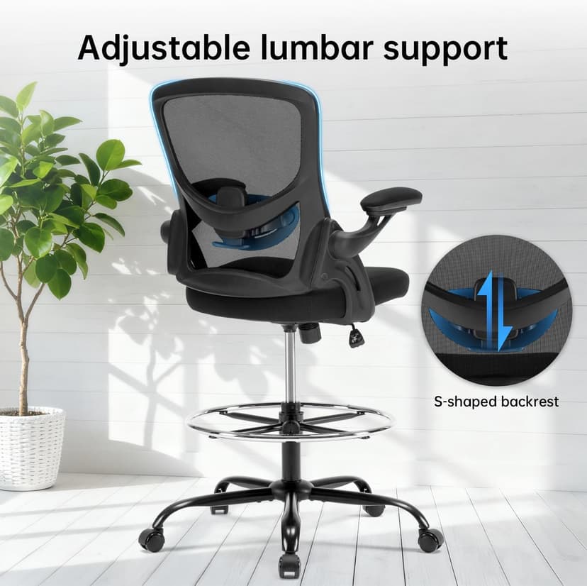 Drafting Chair Ergonomic Comuputer Standing Desk Chair with Flip-Up Arms and Lumbar Support, Tall Office Chair with Adjustable Footrest, Stool Counter Height Office Chairs Black