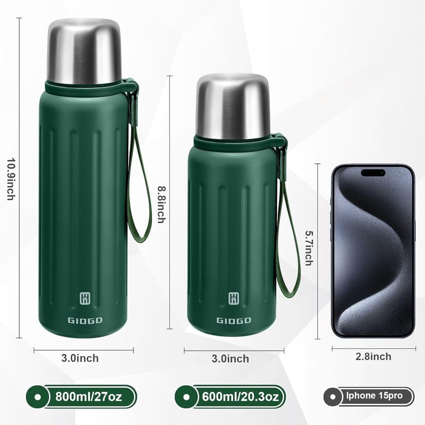 Vacuum Insulated Bottles with Cup 800ml/27oz Stainless Steel Hot Thermo Bottles for Cold and Hot Drinks Water Coffee Thermo with Cup (DarkGreen,800ml)