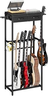 ELYKEN Guitar Stand, Guitar Rack with 2 Hangers and Storage Drawers for Guitar Accessories, Multiple Guitar Holder for Acoustic Electric Guitar, Bass, Ukulele, Instrument, Music Studio, Black