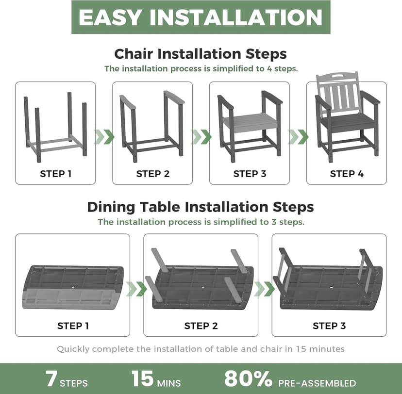 HDPE Outdoor Patio Dining Set with Table & 6 Chairs, All-Weather 7-Piece Outdoor Table and Chairs, 2" Umbrella Hole, Patio Furniture for Garden, Backyard, Deck | Grey