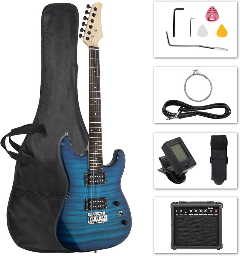 Ktaxon Electric Guitar Kit, 39 Inch H-H Pickups Beginner Electric Guitar Set with 20W Amplifier, Bag, Strap, Cable, Accessories for Adults & Teens (Tiger Blue)