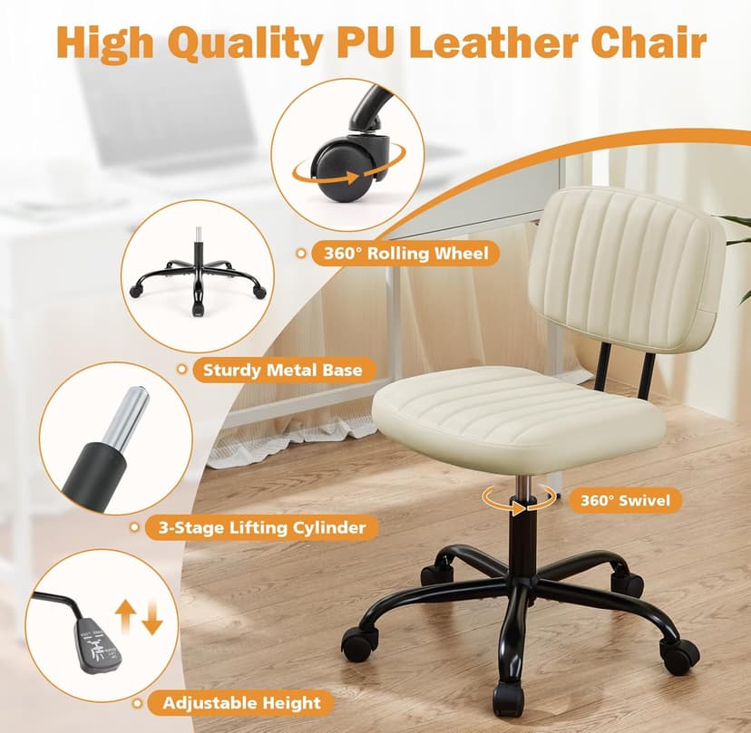 Sweetcrispy Small Office Desk Chair - Armless PU Leather with Comfy Lumbar Support, Height Adjustable Rolling Swivel Task for No Arms, for Adult, Student, Bedroom, Home, Vanity, Beige White