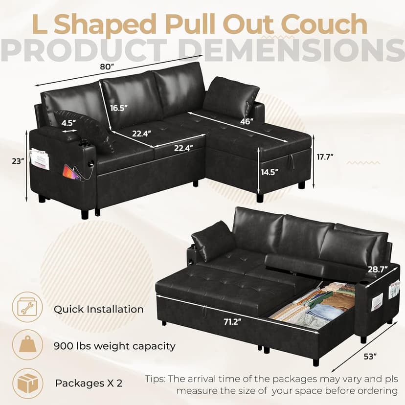 Esright Sleeper Sofa Bed, 3-in-1 Pull Out Couch with Reversible Chaise, Leather Sleeper Sofa with Storage, USB, Cup Holder, Pullout Sectional Couches for Apartment Living Room, Black | Hidden Storage Space