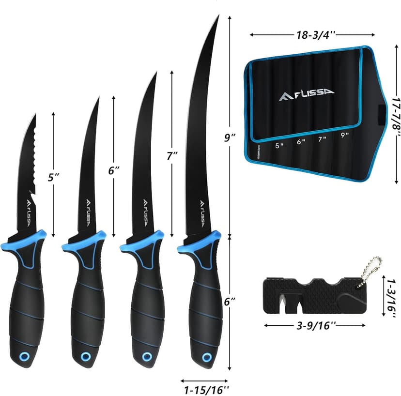 FLISSA Fillet Knife Set, Boning Knife & Bait Knives with Sharpener, Protective Sheath, Belt Clip, Non-Slip Handle, Portable Pouch & Corrosion Resistant Coating Blade, for Fresh or Saltwater (4-Piece)