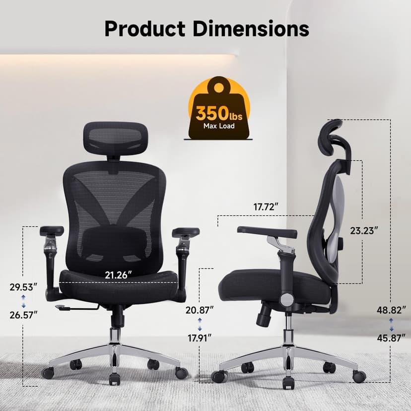 amseatec Office Chair Ergonomic Desk Chair,350 LBS Home Mesh Office Desk Chairs with 3D Adjustable Lumbar Support,5D Flip-up Arms,2D Adjustable Headrest,Comfortable Computer Gaming Chairs(Black)