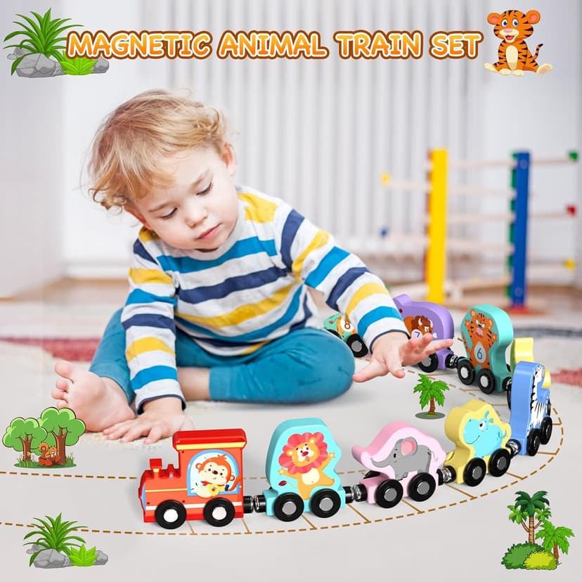 Zeoddler Toys for Toddlers, 11 Magnetic Wooden Animals Train Set, Montessori Toys for Toddlers, Preschool Learning Activities for Kids, Birthday Gifts for Boys, Girls