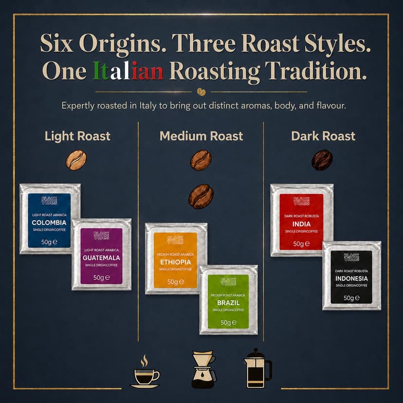 UNIQBITE World Coffees Gift Set, Six Single Origin Ground Coffee Variety Pack, Coffee Sampler from Around the World, Light, Medium & Dark Roasts, Roasted in Italy, 10.58 oz (300g) B0H3XNK2G3