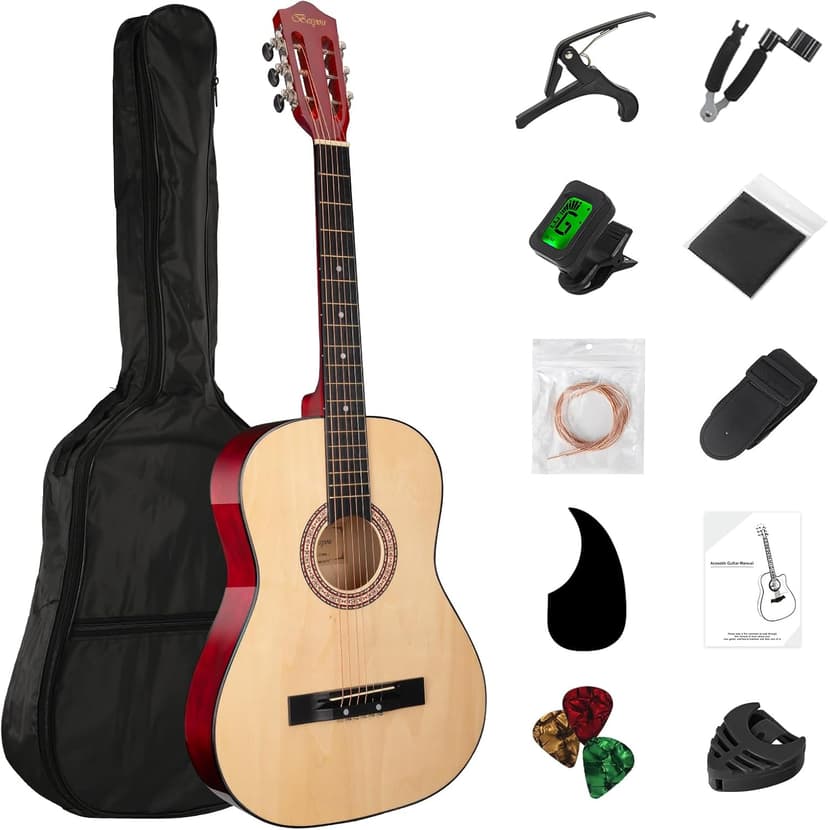 BESYOU Acoustic Guitar 38" Wood Guitar with starter kit-Travel Gig Bag, Tuner,guitar pick with Beginner Set for Kids/Adults -Natural