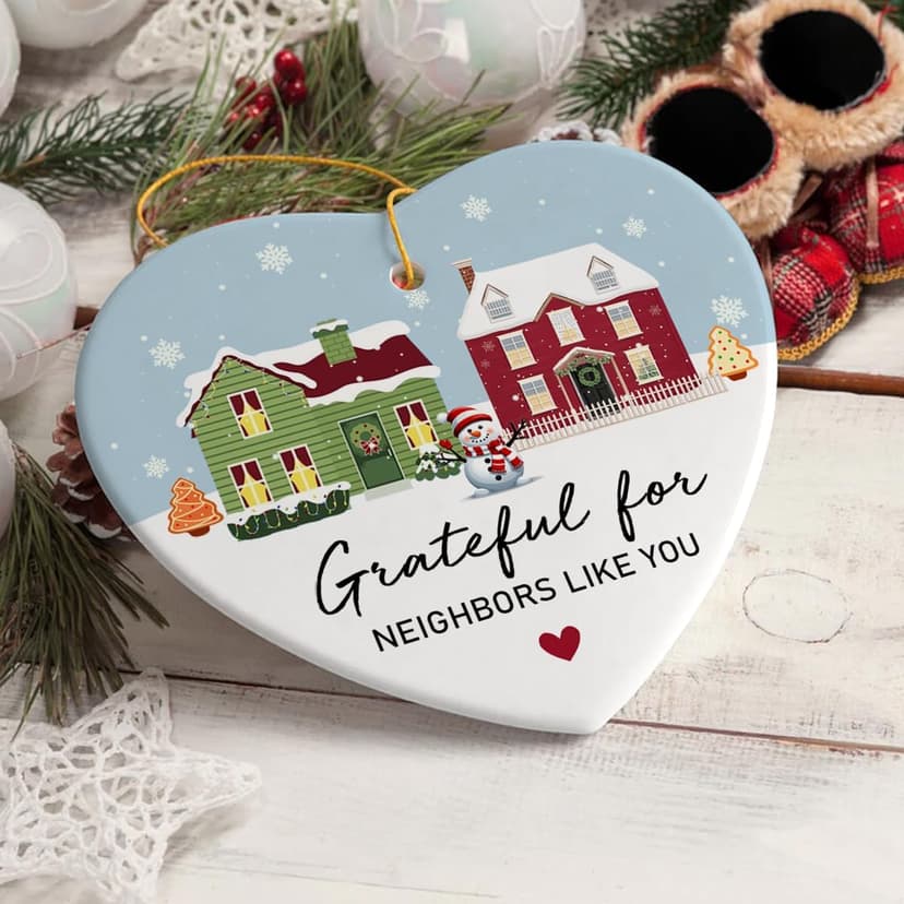 Neighbor Gifts Christmas Ornaments 2025 - Birthday Gifts for Neighbors, Friends, Women, Men, The Neighbors Favor, Christmas Tree Decorations Heart-Shaped Ceramic Ornament