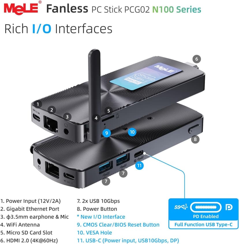 MeLE Fanless Mini PC Stick PCG02, N100 Compute Stick with Windows 11 Pro, 8GB 128GB Micro Desktop Computer, Full Functional USB-C, Gigabit Ethernet BT5.1 on Business Office Industrial IoT Home