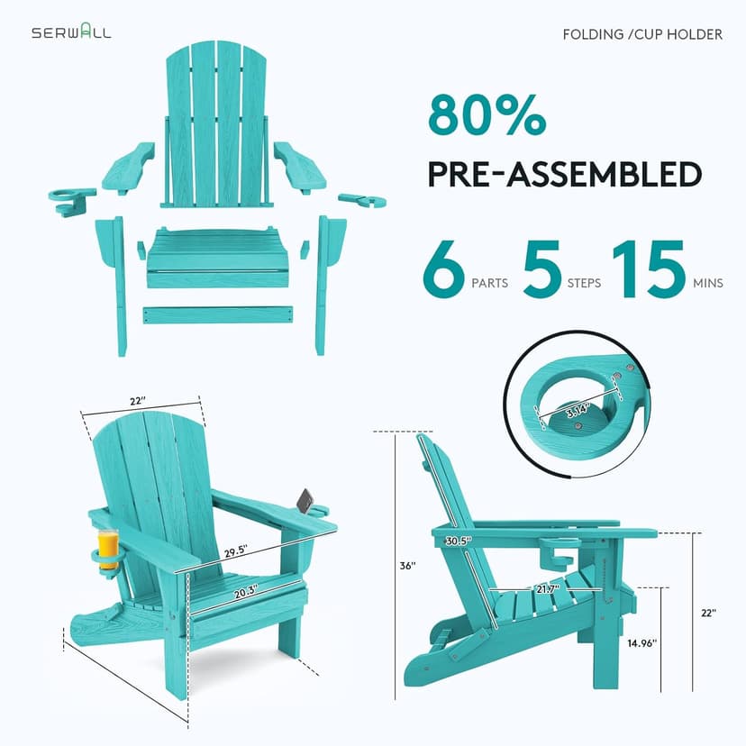 SERWALL Adirondack Chair with Cup Holders - Composite Adirondack Chairs Set of 2 HDPE Outdoor Chairs All Weather Use- Aruba