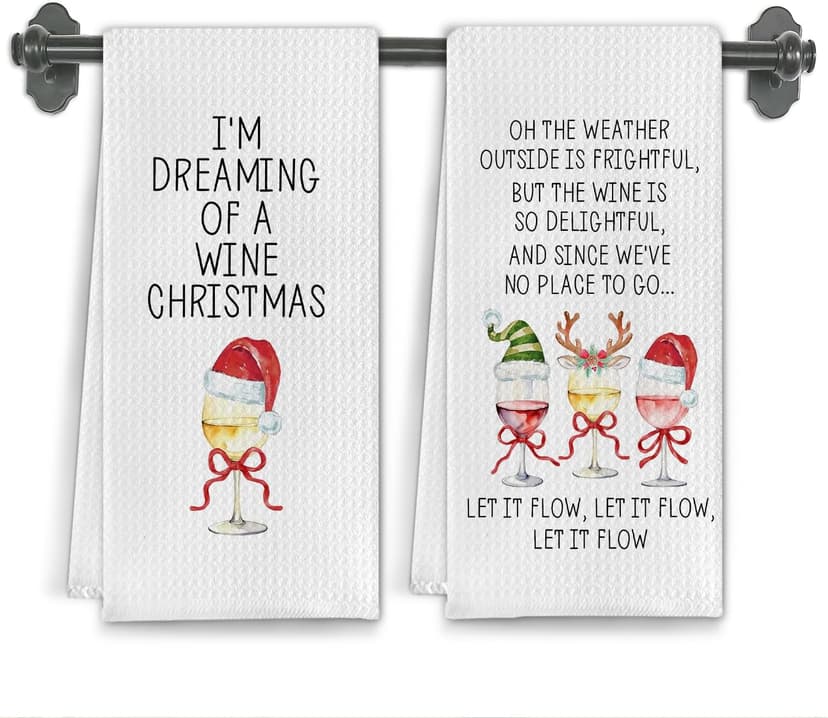 Funny Christmas Wine Kitchen Towels, Gifts for Wine Lovers Dish Tea Towels for Kitchen Bar Cart Decor, Winter Holiday Xmas Wines Decorative Hand Towel, 16x24 Inch Set of 2