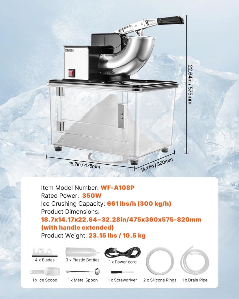 VEVOR Commercial Ice Crusher 661LBS/H, 350W Electric Snow Cone Machine with 4 Blades, 2000RPM Stainless Steel Shaved Ice Machine with 11 Gal Crushed-Ice Box, for Family Restaurants Bars, Black